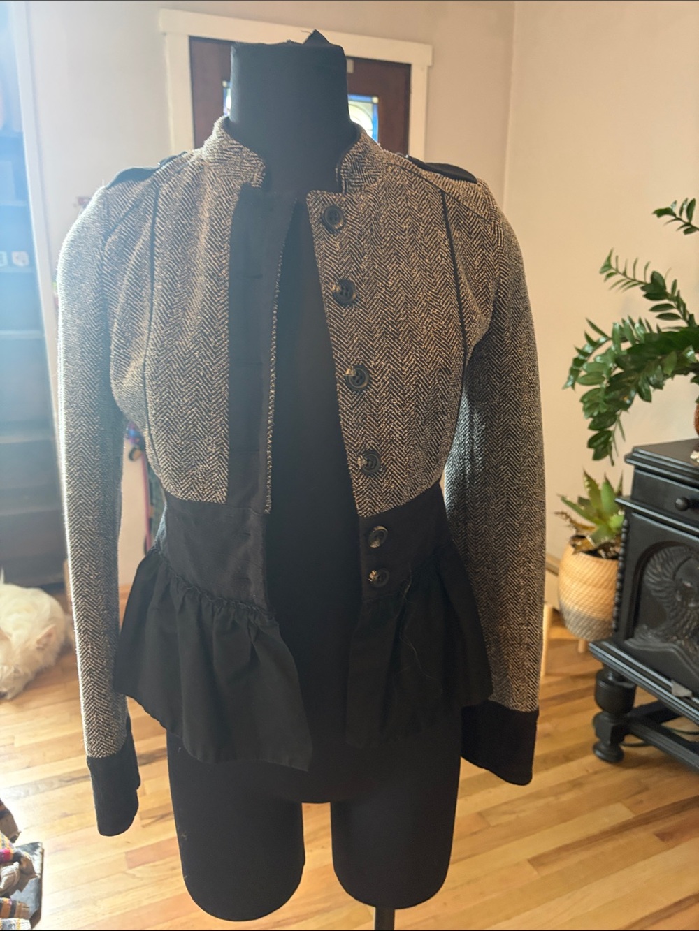 Women's Black & Gray Herringbone Peplum Blazer